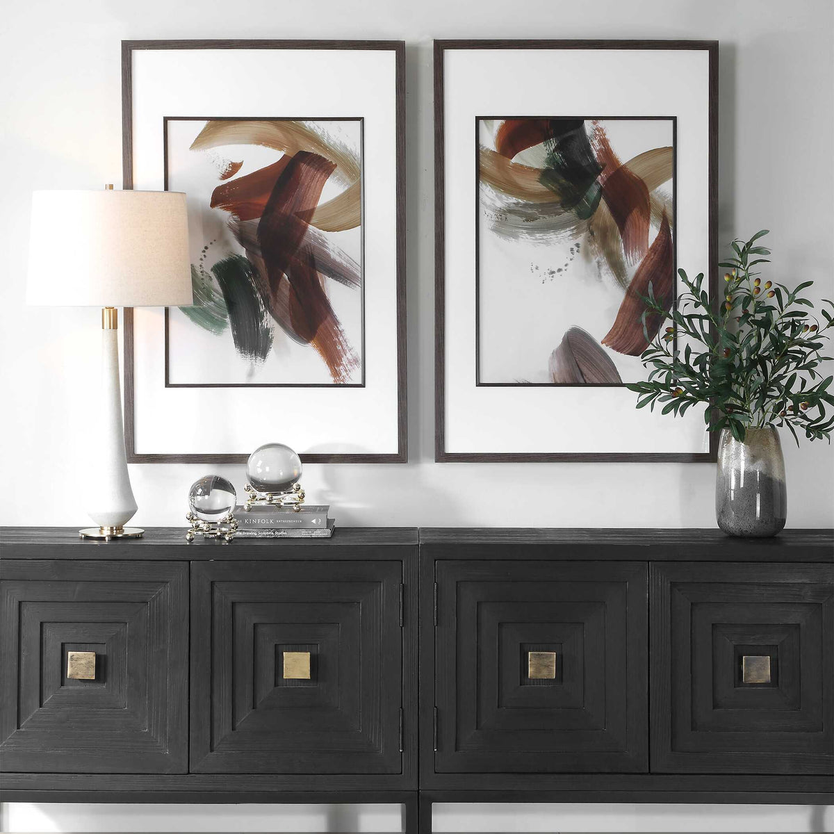 Velocity Framed Abstract Prints (Set of 2) Brown / Green / Red / White - Dark Brown / Green by Uttermost - View 2