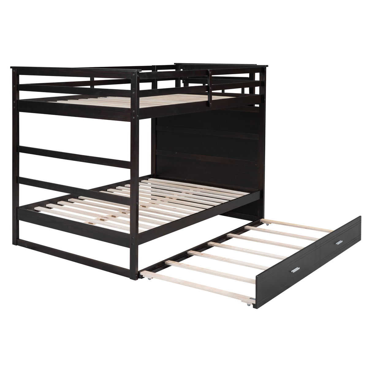 Full Over Full Bunk Bed with Twin Size Trundle and Staircase, Espresso - Home Elegance USA