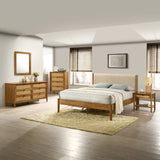 Vichy 5-Piece Rubberwood Bedroom Set with Textured Polyester Upholstered Queen Bed, Dresser, Mirror, Nightstand, and Chest