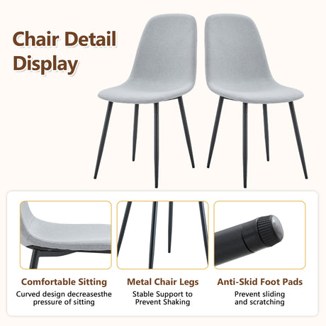 Table and chair set.71*35.4 inch White Grain Spliced Dining Table With Storage Function In The Middle Of The Table Legs.Paired with 8 Light Gray Linen-Cotton Material High Resilience Dining Chairs. - sold by Home Elegance USA