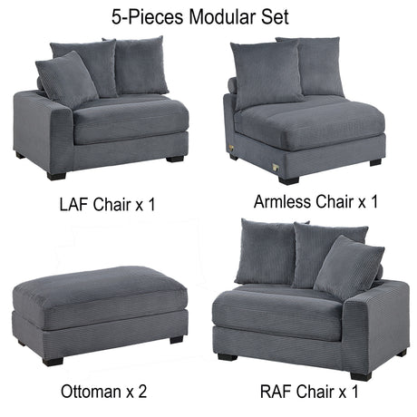 Contemporary Dark Gray 5pc Modular Sectional Set Corduroy Couch LAF & RAF Chairs 1x Armless Chairs 2x Ottomans Living Room Furniture - sold by Home Elegance USA