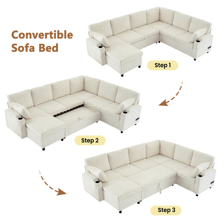 Convertible U-Shaped Sofa Bed with Storage, Cup Holders and Charging Ports, Beige Chenille, 109.9' - sold by Home Elegance USA
