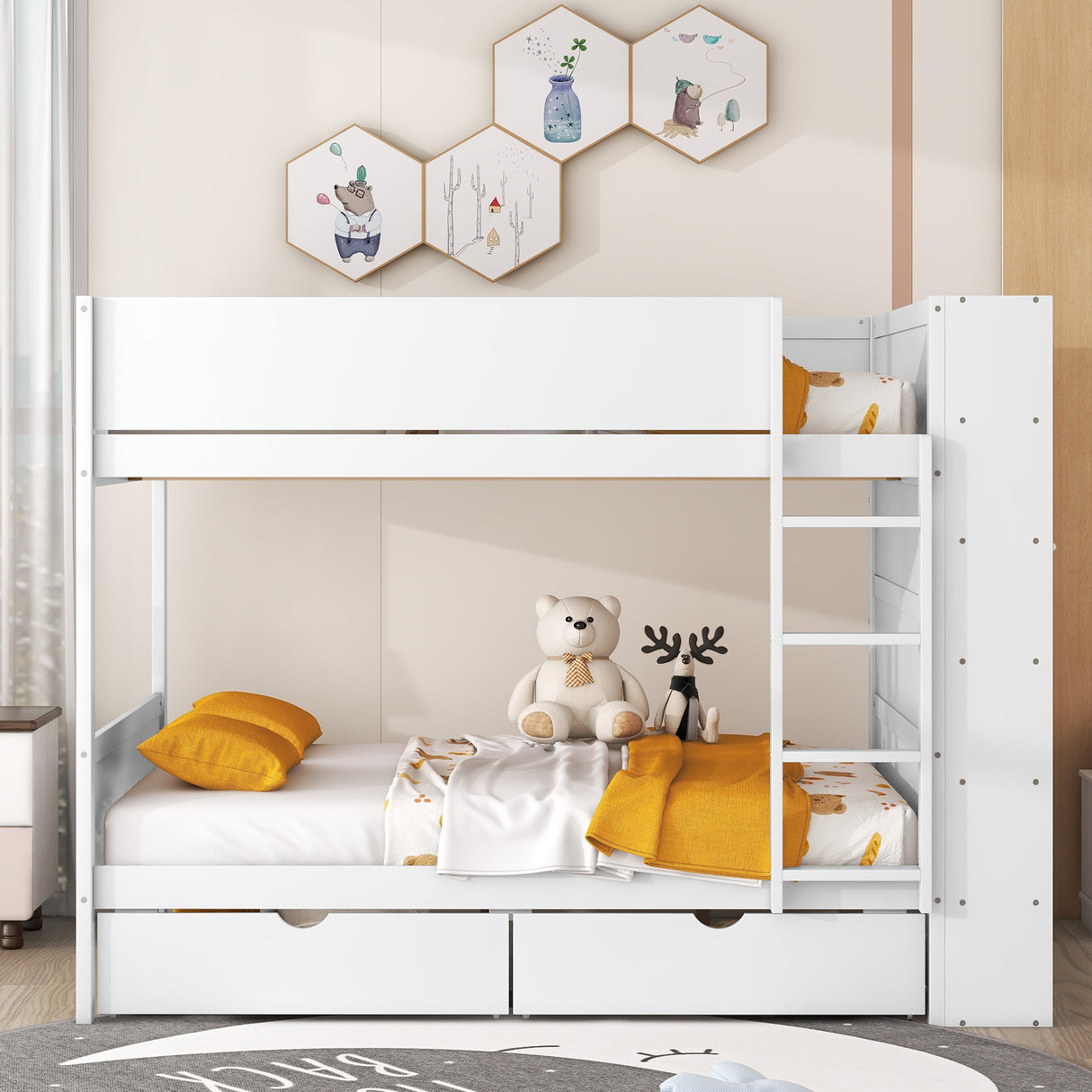 Full over Full Bunk Bed With 2 Drawers and Multi-layer Cabinet, White - Home Elegance USA