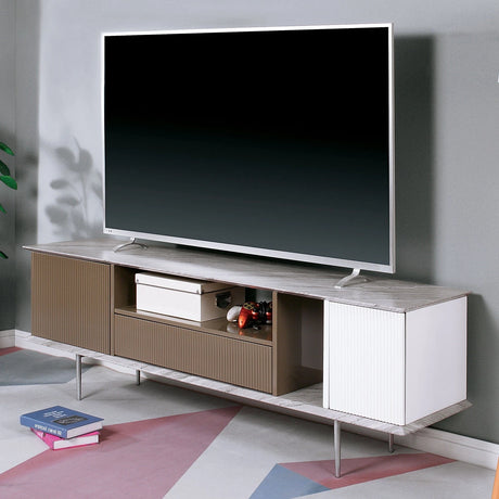 Modern Contemporary Style TV Console Base Stand Open Shelf And One Drawer Attached Ball Bearing Glides Replicated Marble On Top With High Gloss Champagne, White, And Gray Finish - sold by Home Elegance USA