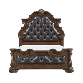 Formal Traditional Dark Brown Finish Luxury Queen Bed Tufted Headboard Intricate Carvings Gold Accent Detailing Bedroom Furniture 1pc