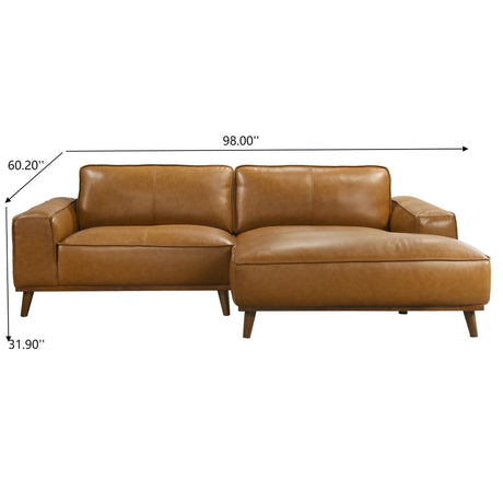 Kerrville Beige Leather Right Sectional Sofa with Chaise - Mid-Century Modern Style, Genuine Top Grain Leather, Walnut-Finished Wood Legs - sold by Home Elegance USA