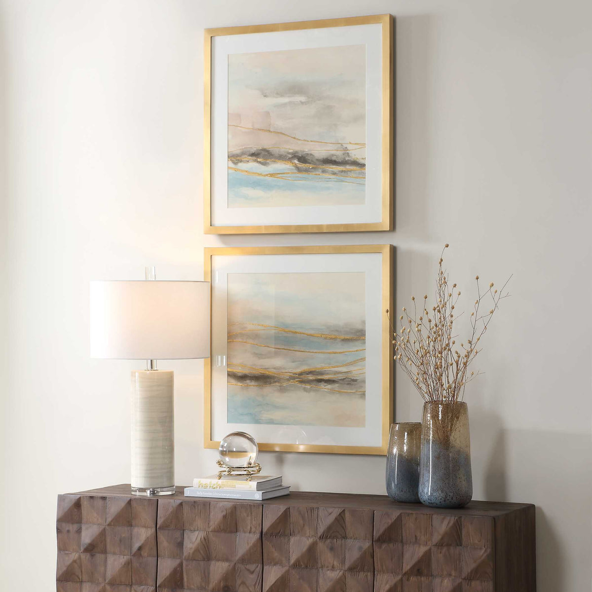 So Golden Abstract Landscape Prints (Set of 2) Black / Blue / Brass / Gold / Gray / Pink / White - Light Brown / Light Blue by Uttermost - View 3
