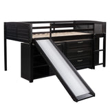 Low Twin Size Loft Bed with Cabinets, Shelves and Slide - Espresso(OLD SKU :LP000503AAP) - Home Elegance USA