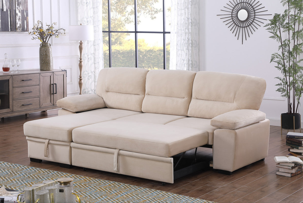 Kipling Beige Velvet Fabric Reversible Sleeper Sectional Sofa Chaise - Home Elegance USA