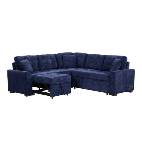 Navy Blue L-shape Sofa Bed with Pull-out Sleeper, USB Ports, Power Sockets, Corded Velveteen, 82.6' - sold by Home Elegance USA