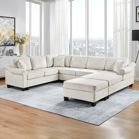 Contemporary U-shaped Sectional Sofa with Movable Storage Ottoman, White Chenille 111.8' - sold by Home Elegance USA