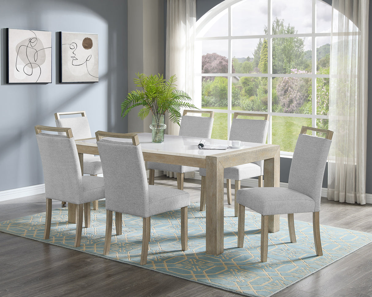 Juego de comedor de 7 piezas, estilo contemporáneo, con mesa rectangular de mármol blanco auténtico y sillas tapizadas con respaldo completo, color beige y gris, muebles de madera para comedor.