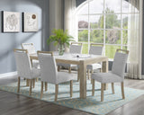 Juego de comedor de 7 piezas, estilo contemporáneo, con mesa rectangular de mármol blanco auténtico y sillas tapizadas con respaldo completo, color beige y gris, muebles de madera para comedor.