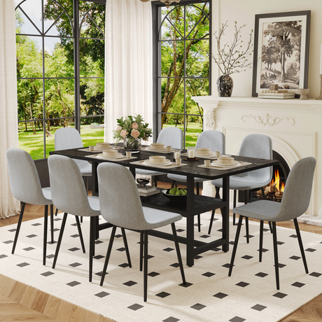 Table and chair set.71*35.4 inch Black Grain Spliced Dining Table With Storage Function In The Middle Of The Table Legs.Paired with 8 Light Gray Linen-Cotton Material High Resilience Dining Chairs. - sold by Home Elegance USA