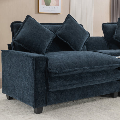 Contemporary Chenille Upholstered Sectional Sofa with Ottomans, USB Ports, Cup Holders & Storage, Blue - sold by Home Elegance USA