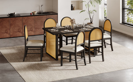 TREXM 7-Piece Farmhouse Dining Table Set for 6 - 59.8' Rectangular Dining Table with Distressed Oak Veneer and 6 Rattan Chairs, Rustic Kitchen Furniture for Dining Room(Espresso) - sold by Home Elegance USA