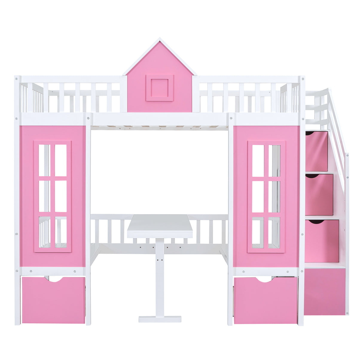 Full-Over-Full Bunk Bed with Changeable Table, Bunk Bed Turn into Upper Bed and Down Desk -Pink - Home Elegance USA