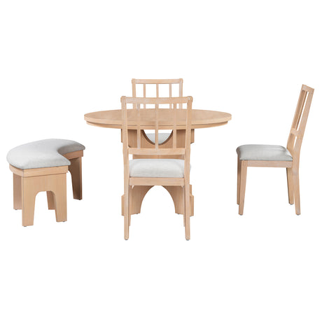 TREXM 5-piece Rustic Charm Round Dining Set with 3 Upholstered Chairs and Curved Bench for Dining Room, Kitchen and Living Room (Natural) - sold by Home Elegance USA