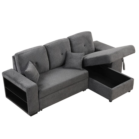 Reversible Sleeper Sectional Sofa Bed with Side Shelf and 2 Stools, Pull-Out L-Shaped Sofa Bed, Velvet Blue Black - sold by Home Elegance USA