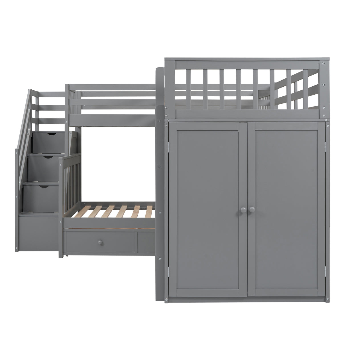 Twin-Twin over Full L-Shaped Bunk Bed With 3 Drawers, Portable Desk and Wardrobe, Gray(OLD SKU:LT100542AAE) - sold by Home Elegance USA