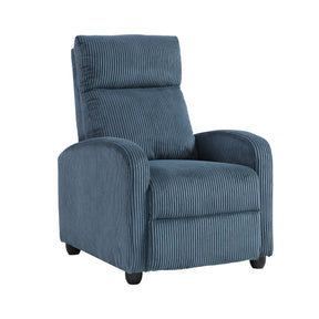 Modern Push Back Recliner Chair Bue Soft Corduroy Upholstery Comfort Solid Wood Living Room Furniture 1pc