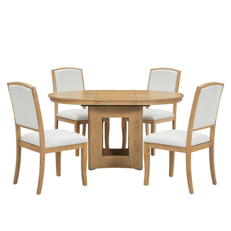 TOPMAX Farmhouse Extendable Round Dining Table Set for 4, 5-Piece Kitchen Table Set with 4 Upholstered Chairs and 16inch Removable Leaf for Small Places, Natural+Beige - sold by Home Elegance USA