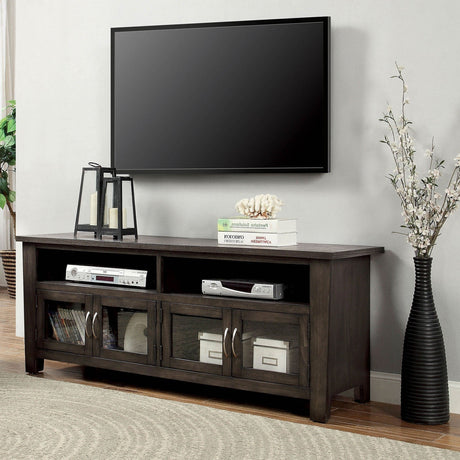 Transitional Style TV Console Base With Dual Cabinet And Two Open Shelves 3mm Tempered Glass On Cabinet Doors Rear Wearing Access Gray Finish - sold by Home Elegance USA