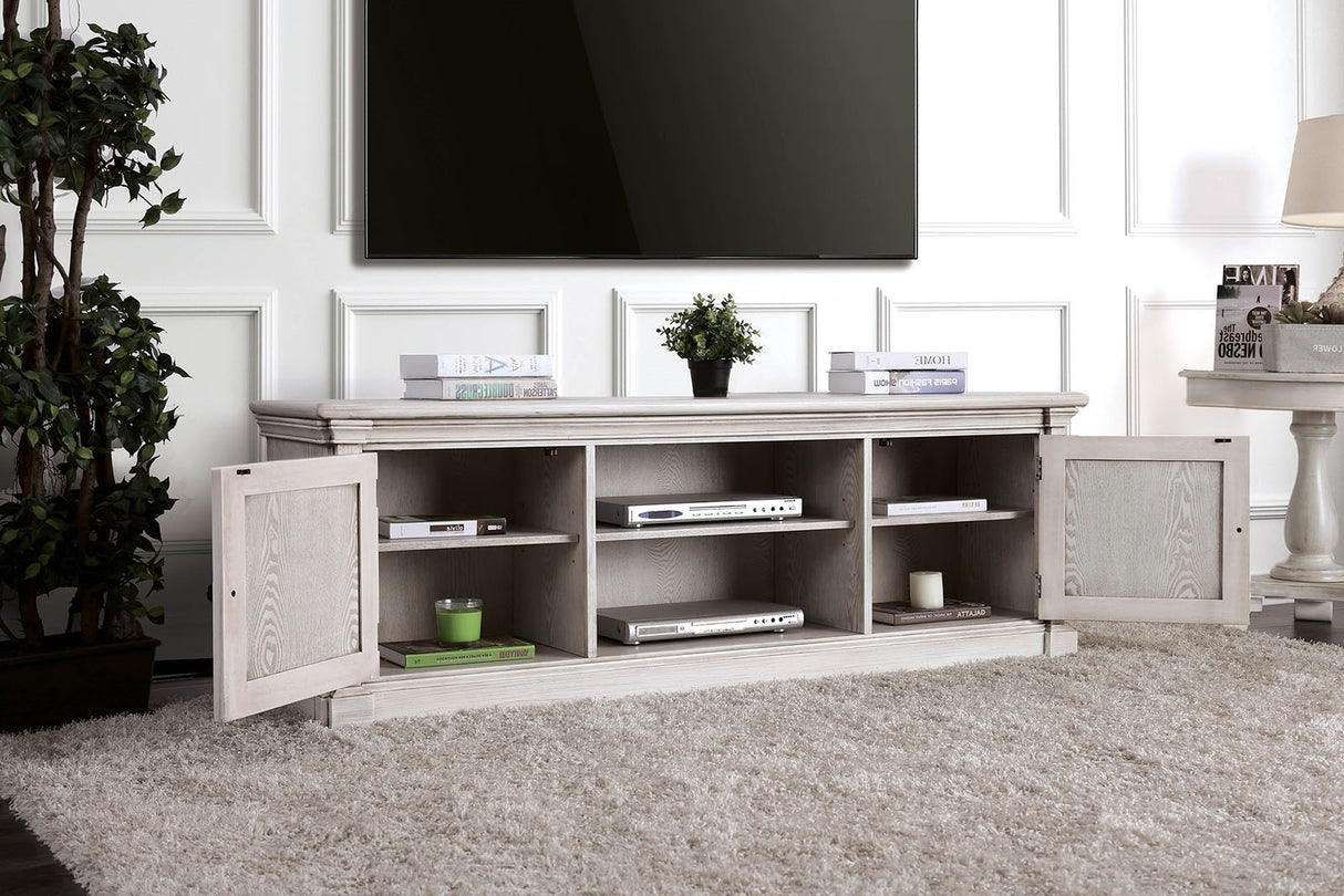 Antique White Cottage Style Bold And sturdy Design With Multiple Drawers And Open Storage Space Wooden Top X-Design On Cabinet