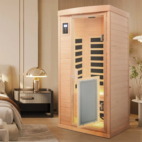 Low EMF Hemlock Far-Infrared Indoor Sauna with Heating Panels – One Person - sold by Home Elegance USA