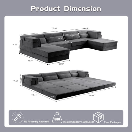 Compression Mahjong Sofa,Convertible Floor Sofa Bed,DIY Boneless Modular Sectional Sofa,No Assembly Required,Circle fleece fabric,Oversized 4 Seater with 2 Ottoman,Dark-grey - sold by Home Elegance USA