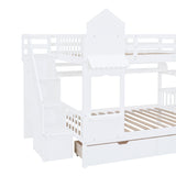 Full-Over-Full Castle Style Bunk Bed with 2 Drawers 3 Shelves and Slide - White - Home Elegance USA