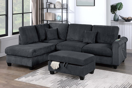 Contemporary Style 3pc Sectional Set Right Arm Chaise Left Arm Sofa w/ USB Port Storage Ottoman Throw Pillow Wooden Legs Black Finish Primary Living Room - sold by Home Elegance USA