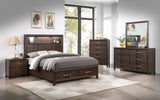 Modern Style Queen 5PC Storage Bedroom Set Made with Wood, LED Headboard, Bluetooth Speakers & USB Ports - Walnut