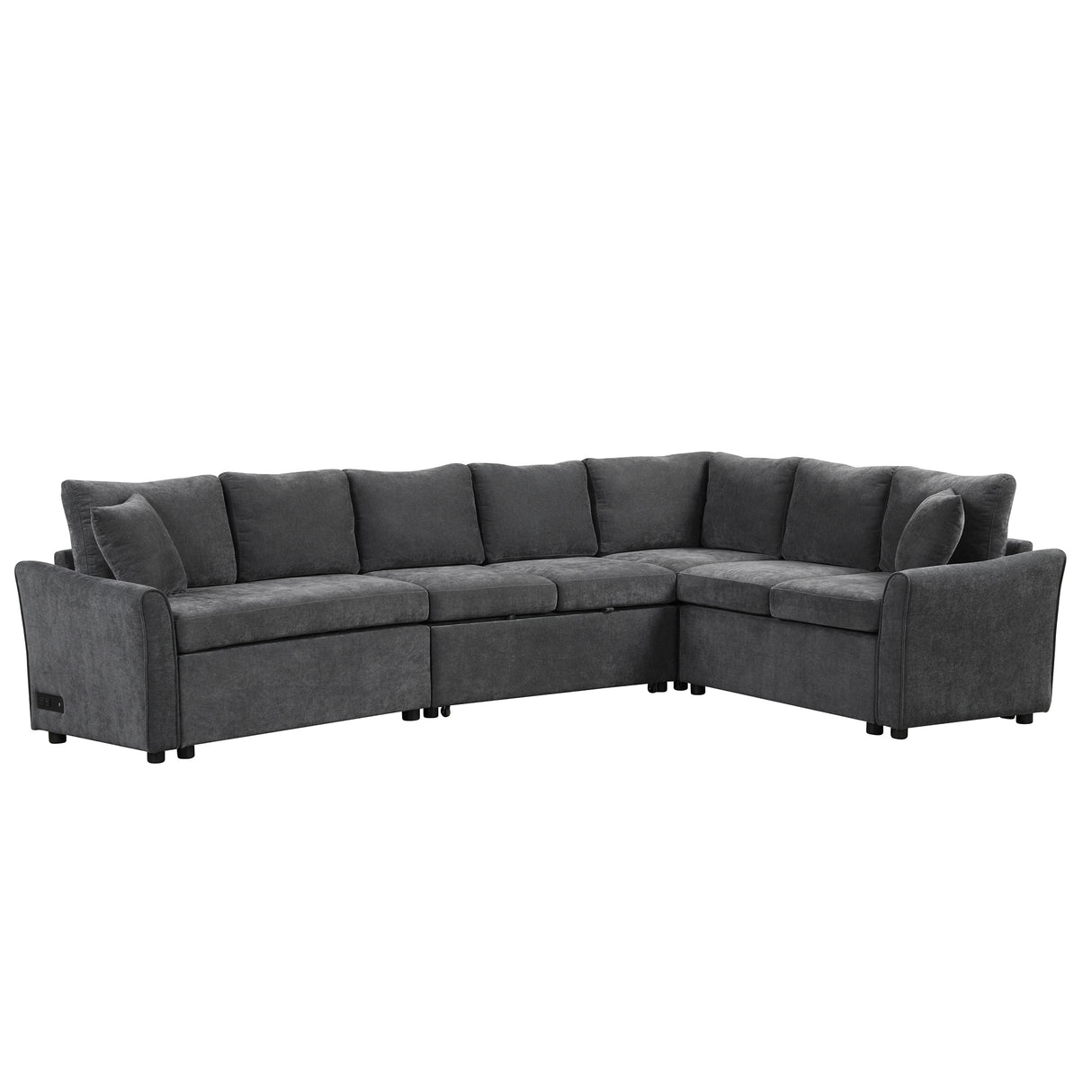 Gray Convertible L-shaped Sofa Bed with USB Ports, Power Sockets and Back Pillows in Chenille Fabric