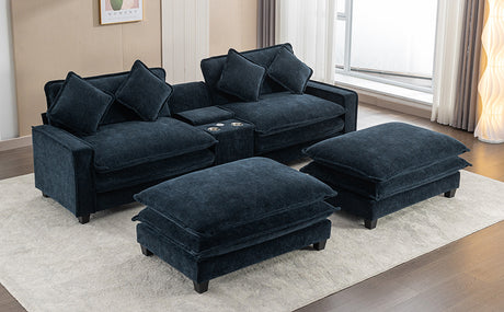 Contemporary Chenille Upholstered Sectional Sofa with Ottomans, USB Ports, Cup Holders & Storage, Blue - sold by Home Elegance USA