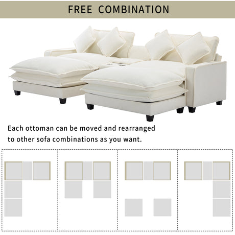 Chenille Upholstered Sectional Sofa with Removable Ottoman, USB Ports, Cup Holders, and Storage, Beige, 111' - sold by Home Elegance USA