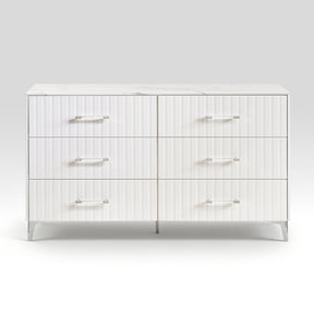 Glam White Dresser of 6x Storage Drawers Faux Marble Laminated Top Chrome Metal Legs Bedroom Furniture 1pc