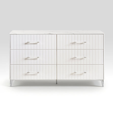 Glam White Dresser of 6x Storage Drawers Faux Marble Laminated Top Chrome Metal Legs Bedroom Furniture 1pc