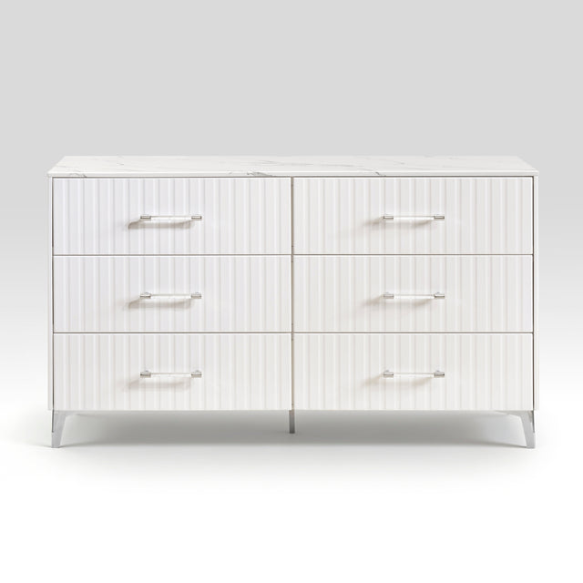 Glam White Dresser of 6x Storage Drawers Faux Marble Laminated Top Chrome Metal Legs Bedroom Furniture 1pc