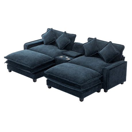Contemporary Chenille Upholstered Sectional Sofa with Ottomans, USB Ports, Cup Holders & Storage, Blue - sold by Home Elegance USA