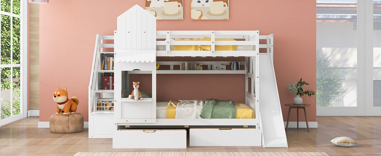 Full-Over-Full Castle Style Bunk Bed with 2 Drawers 3 Shelves and Slide - White(OLD SKU:LT000558AAK-2) - sold by Home Elegance USA