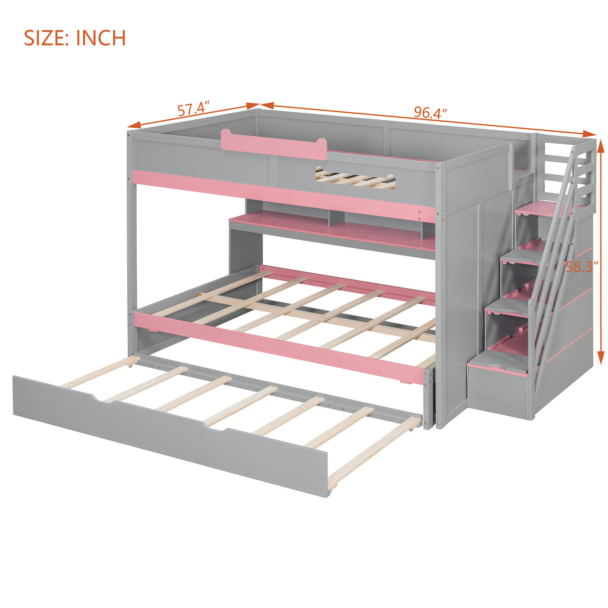 Full Over Full Bunk Bed with Twin Size Trundle and Staircase, Shelves, LED,Gray - sold by Home Elegance USA