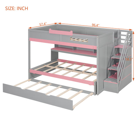 Full Over Full Bunk Bed with Twin Size Trundle and Staircase, Shelves, LED,Gray - sold by Home Elegance USA