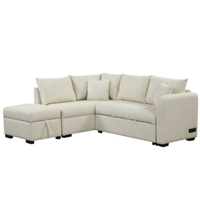 Modern L-shaped Sectional Pull Out Sofa Bed with USB Ports and Storage Ottoman, Beige, Jacquard Fabric, 82.6' - sold by Home Elegance USA