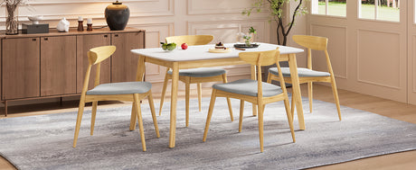 5-Piece Dining Set, 1 Table + 4 Chairs, Rubberwood Frame, Ergonomic Chairs & Faux Wood Table, Beige+Natural+White Oak - sold by Home Elegance USA
