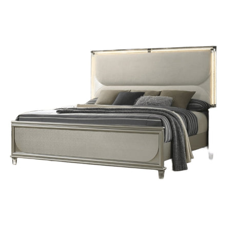 Glamorous Luxury Silver Fabric Upholstered Queen Size Bed w LED 2x Nightstands Embossed Panel 3pc Set Bedroom Furniture - sold by Home Elegance USA