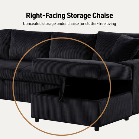 Ruxley 123'W Black Corduroy Sleeper Sectional Sofa with Right-Facing Storage Chaise and Throw Pillows - sold by Home Elegance USA