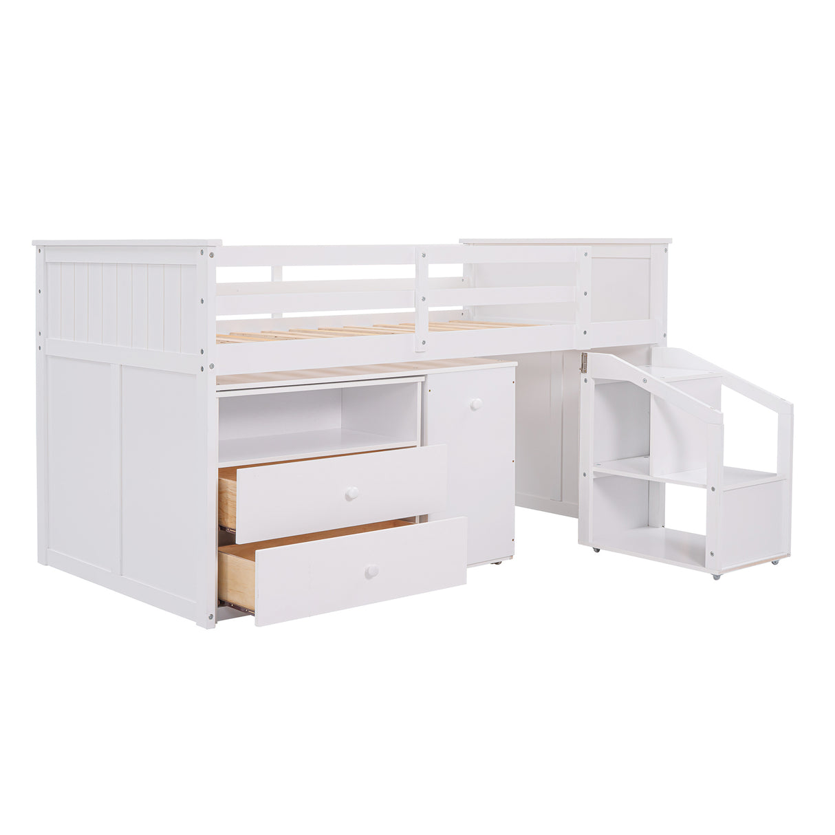 Loft Bed Low Study Twin Size Loft Bed With Storage Steps and Portable,Desk,White(OLD SKU: LT000101AAK) - Home Elegance USA