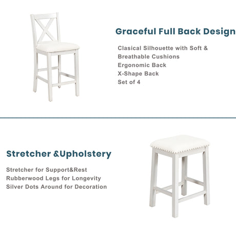 TOPMAX Rustic Farmhouse Dining Room Wooden Bar Table Set with Stools and Chairs, White, Rubberwood and MDF - sold by Home Elegance USA