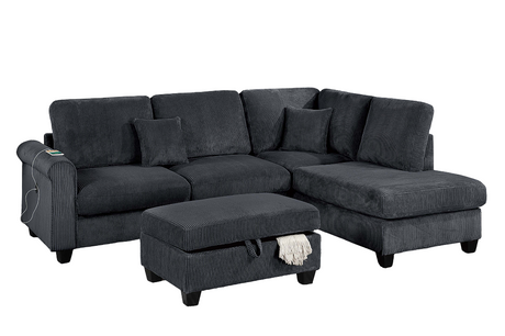 Contemporary Style 3pc Sectional Set Right Arm Chaise Left Arm Sofa w/ USB Port Storage Ottoman Throw Pillow Wooden Legs Black Finish Primary Living Room - sold by Home Elegance USA